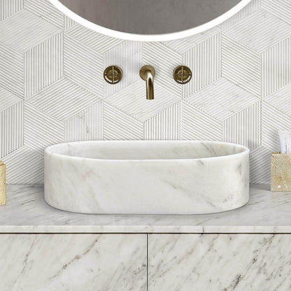 24" White Natural Marble Oval Bathroom Vessel Sink for Vanity Countertop