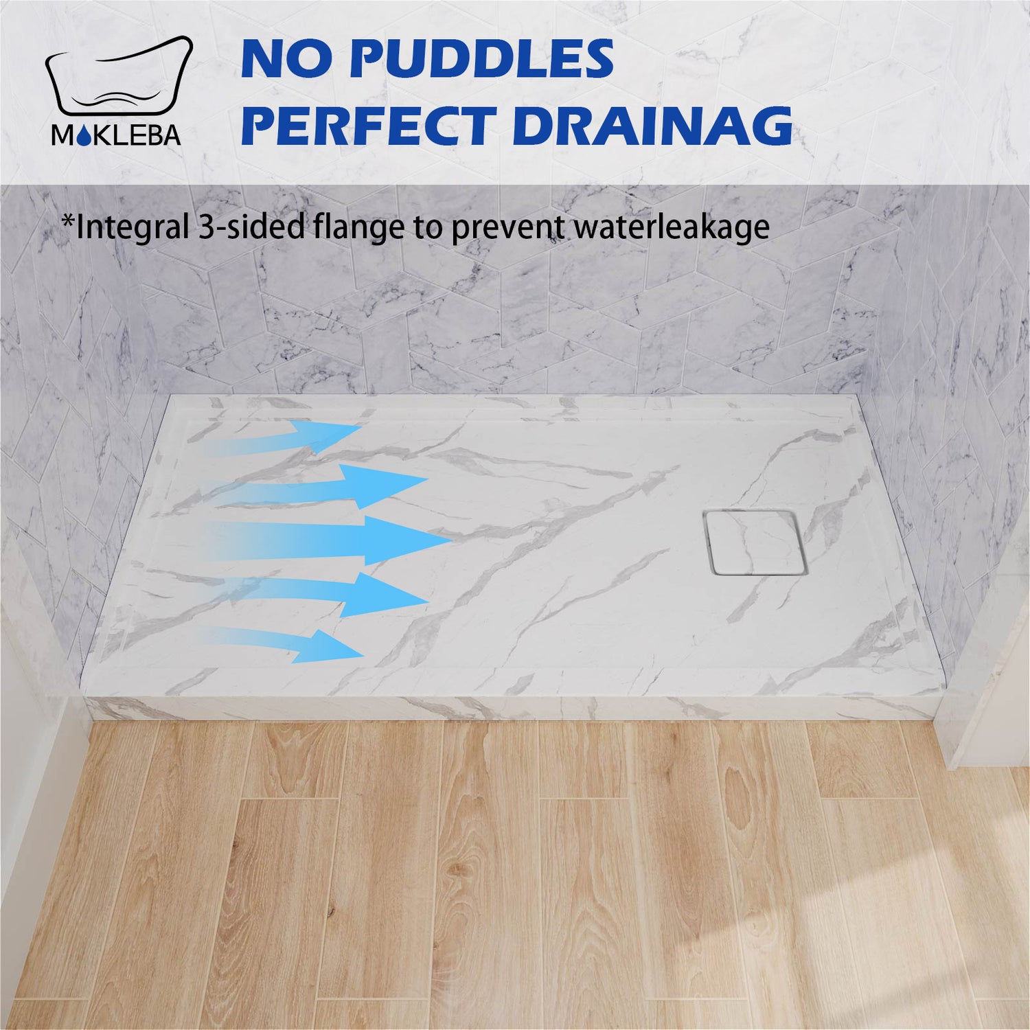 Marble effect shower base engineered for smooth water flow