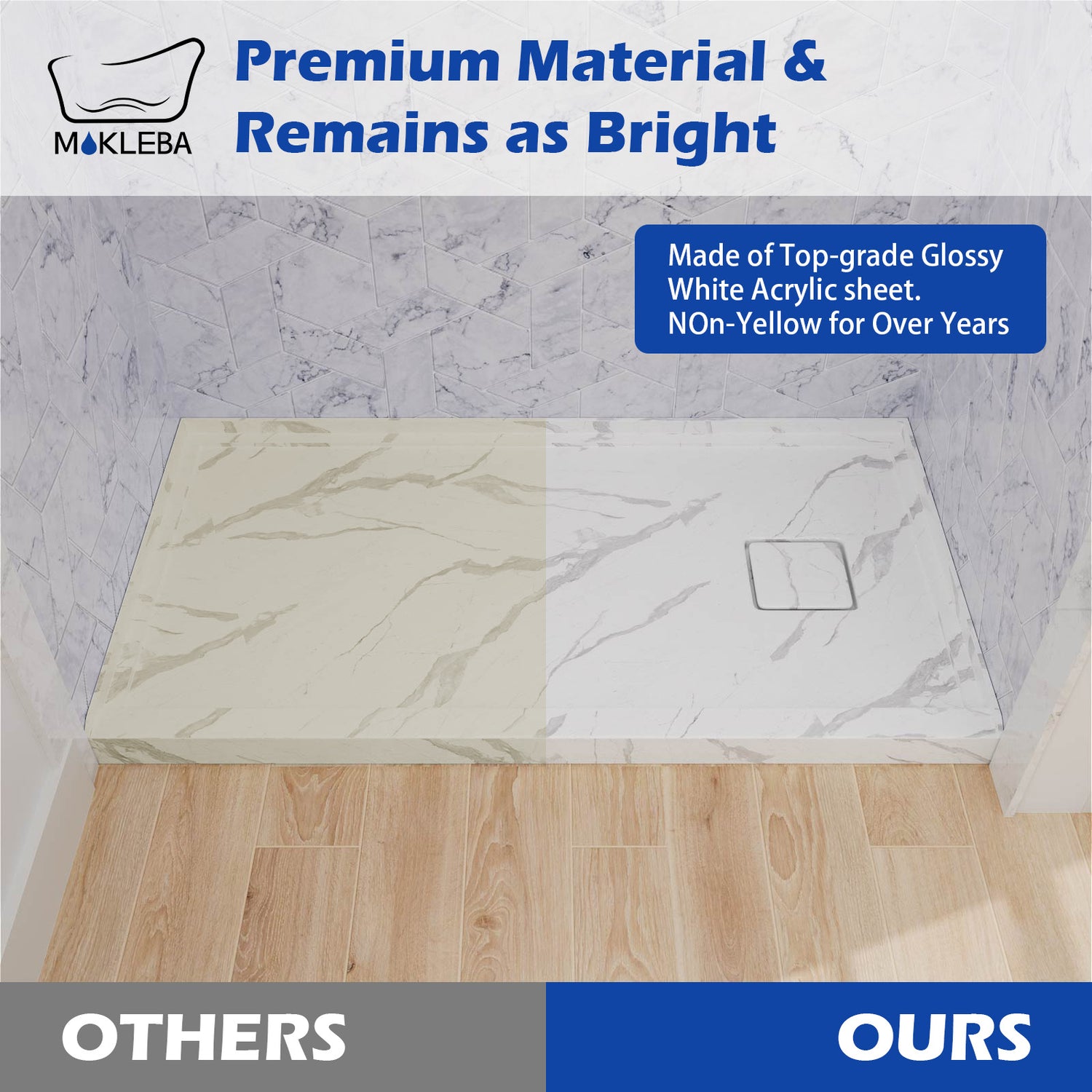 Marble style shower pan resistant to stains and yellowing