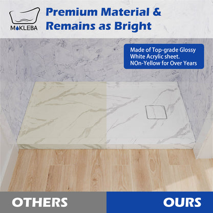 Marble style shower pan resistant to stains and yellowing