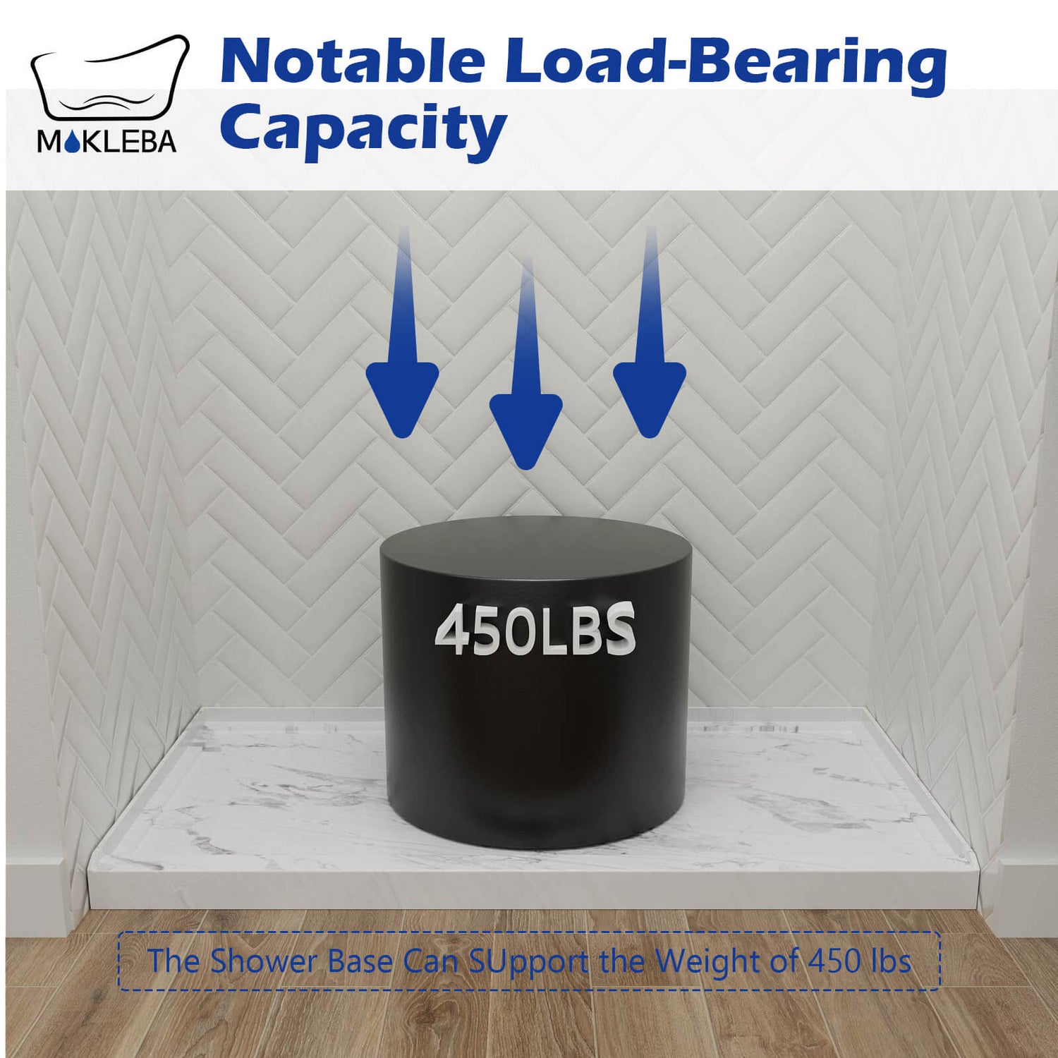 Marble pattern shower base supporting up to 450lbs for reliable daily use