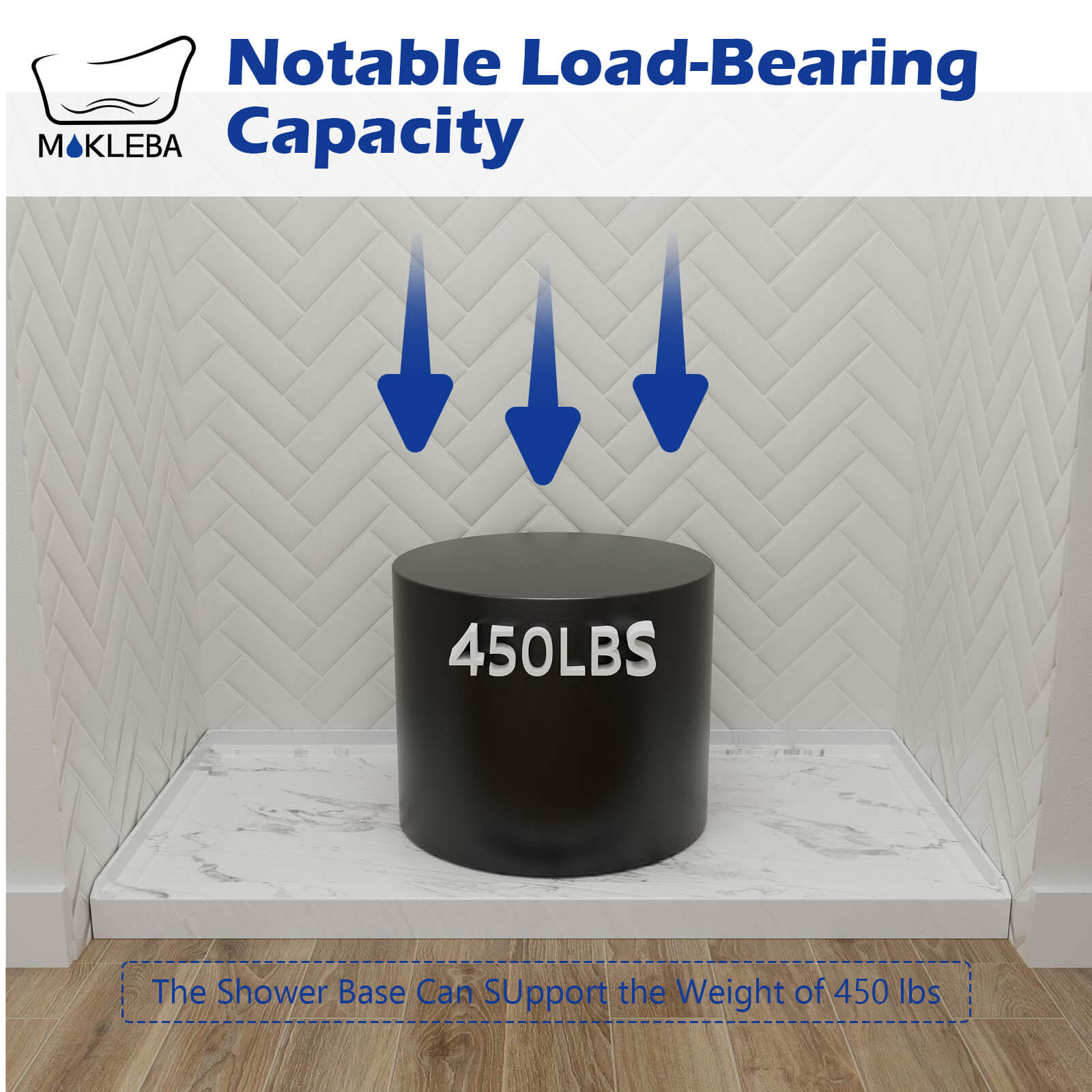 Marble pattern shower base supporting up to 450lbs for reliable daily use