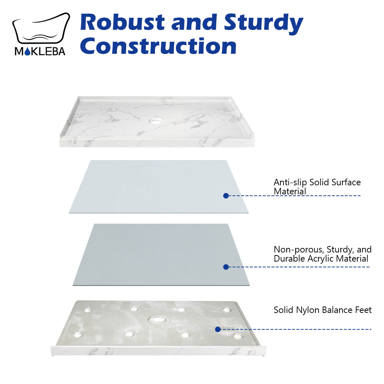 Marble pattern shower pan with acrylic core and solid nylon base construction