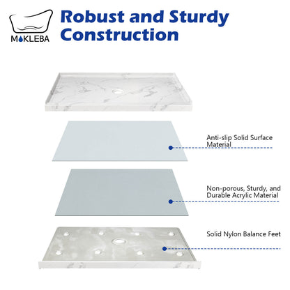 Marble pattern shower pan with acrylic core and solid nylon base construction