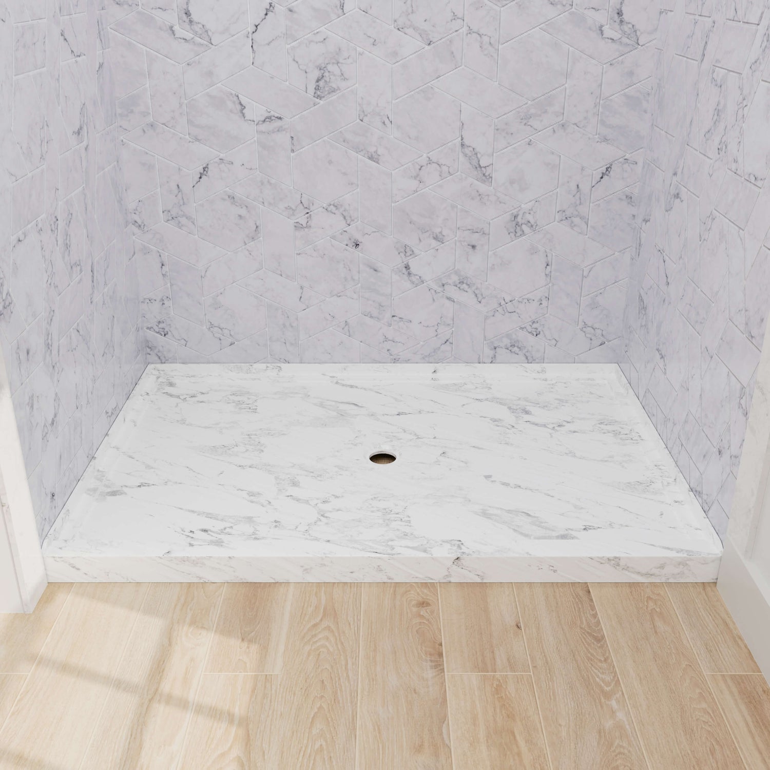 Marble pattern shower pan with textured surface for improved shower safety