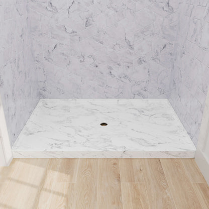 Marble pattern shower pan with textured surface for improved shower safety