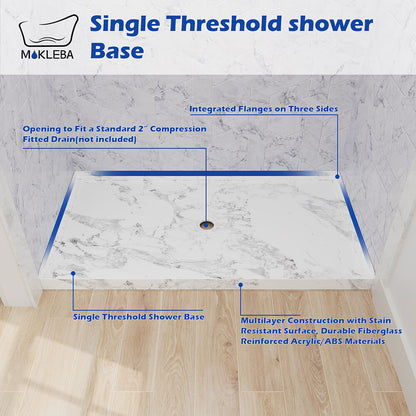 Marble style shower pan with reinforced acrylic construction and long-lasting durability