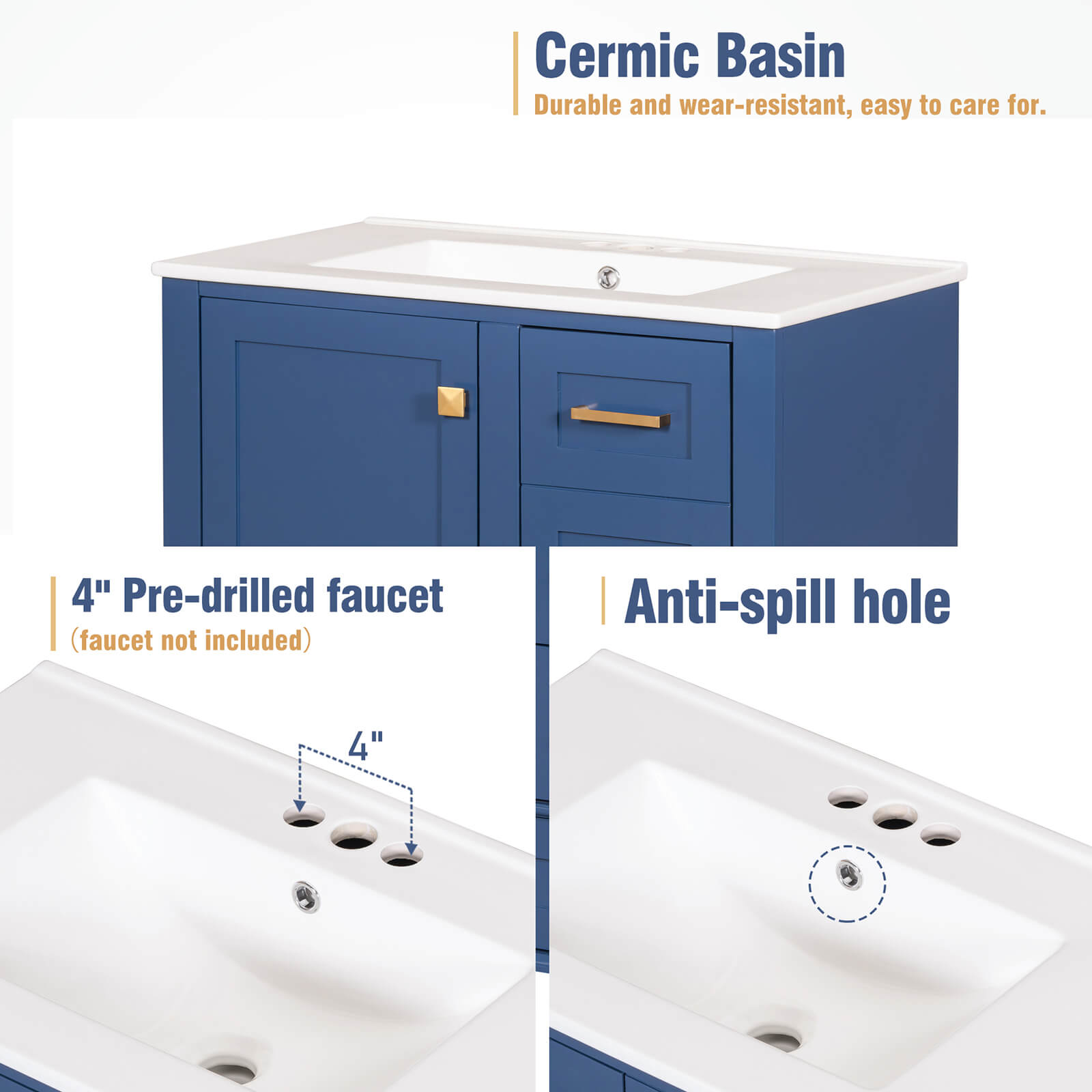 Material Description of Top Ceramic with Countertop 30 Inch Navy Solid Wood Bathroom Vanity