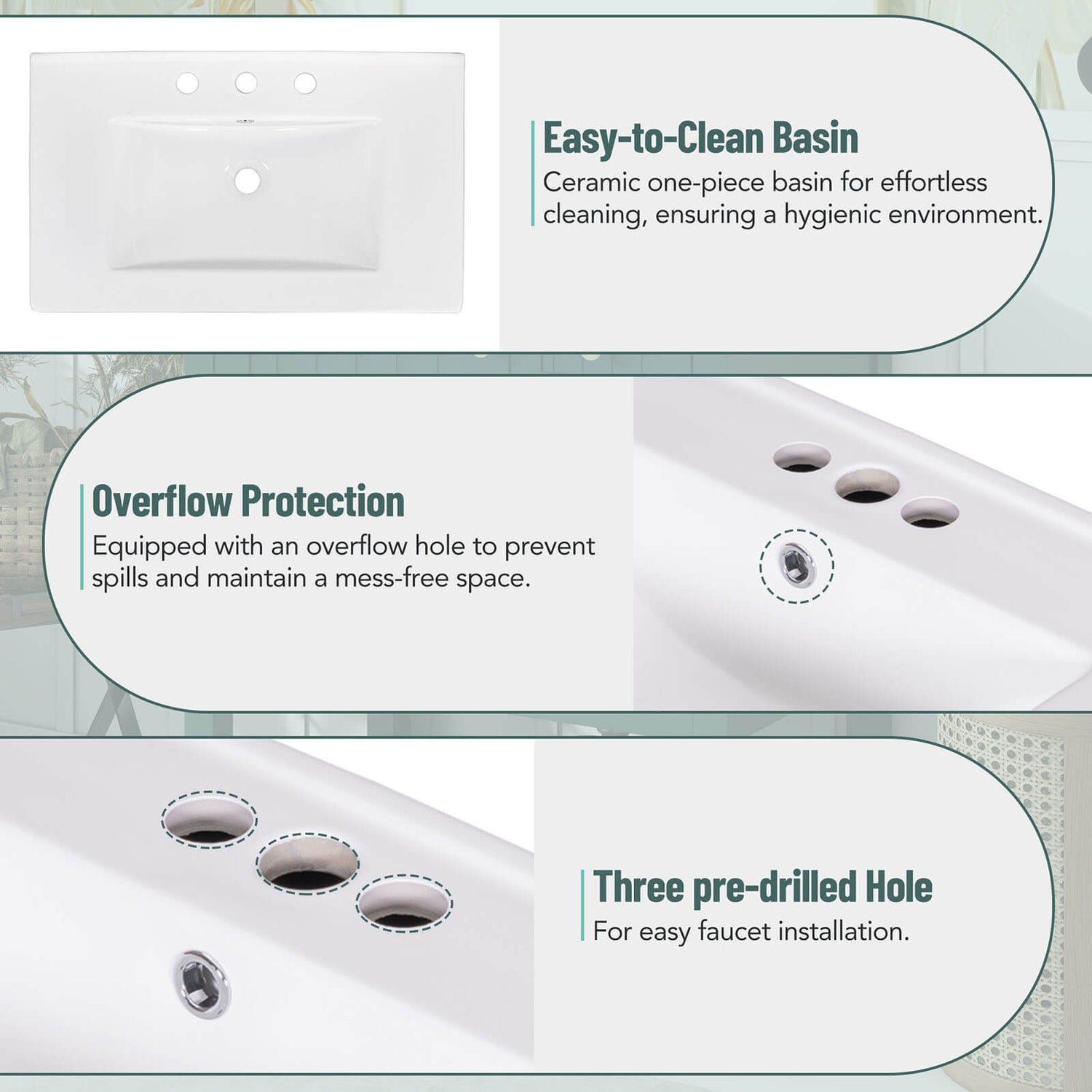 Material Description of Top Sink with Open Shelves 30 Inch Dark Green Freestanding Bathroom Vanity