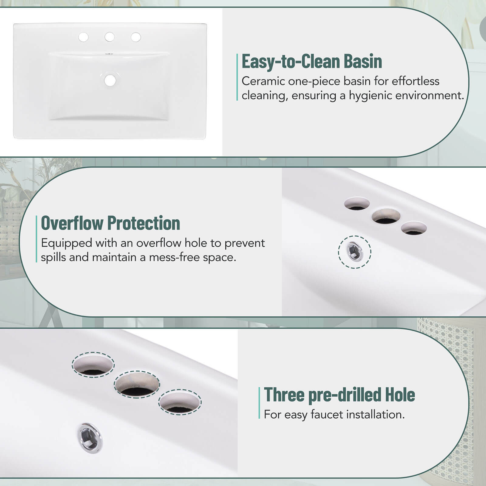Material Description of Top Sink with Open Shelves 30 Inch Dark Green Freestanding Bathroom Vanity