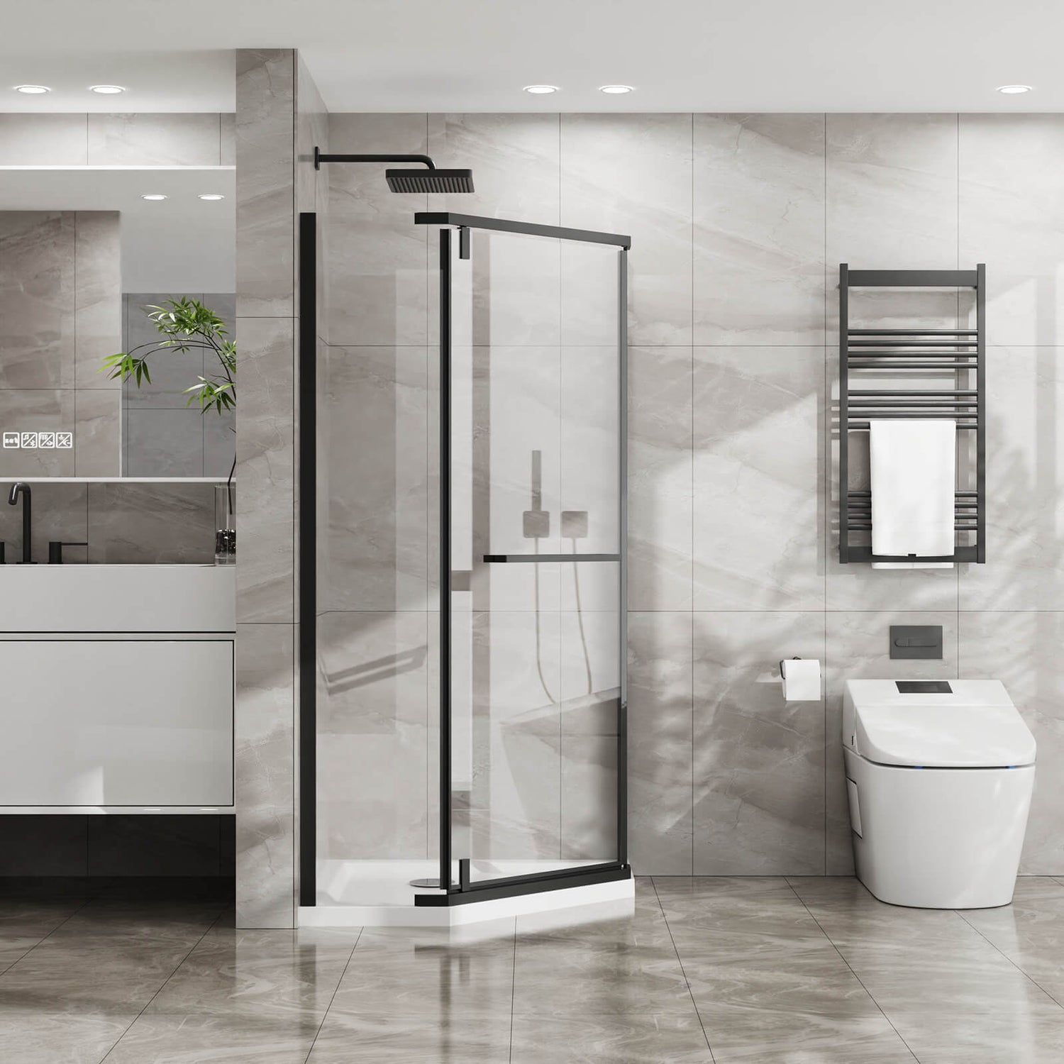 Matte black corner shower enclosure with tempered glass