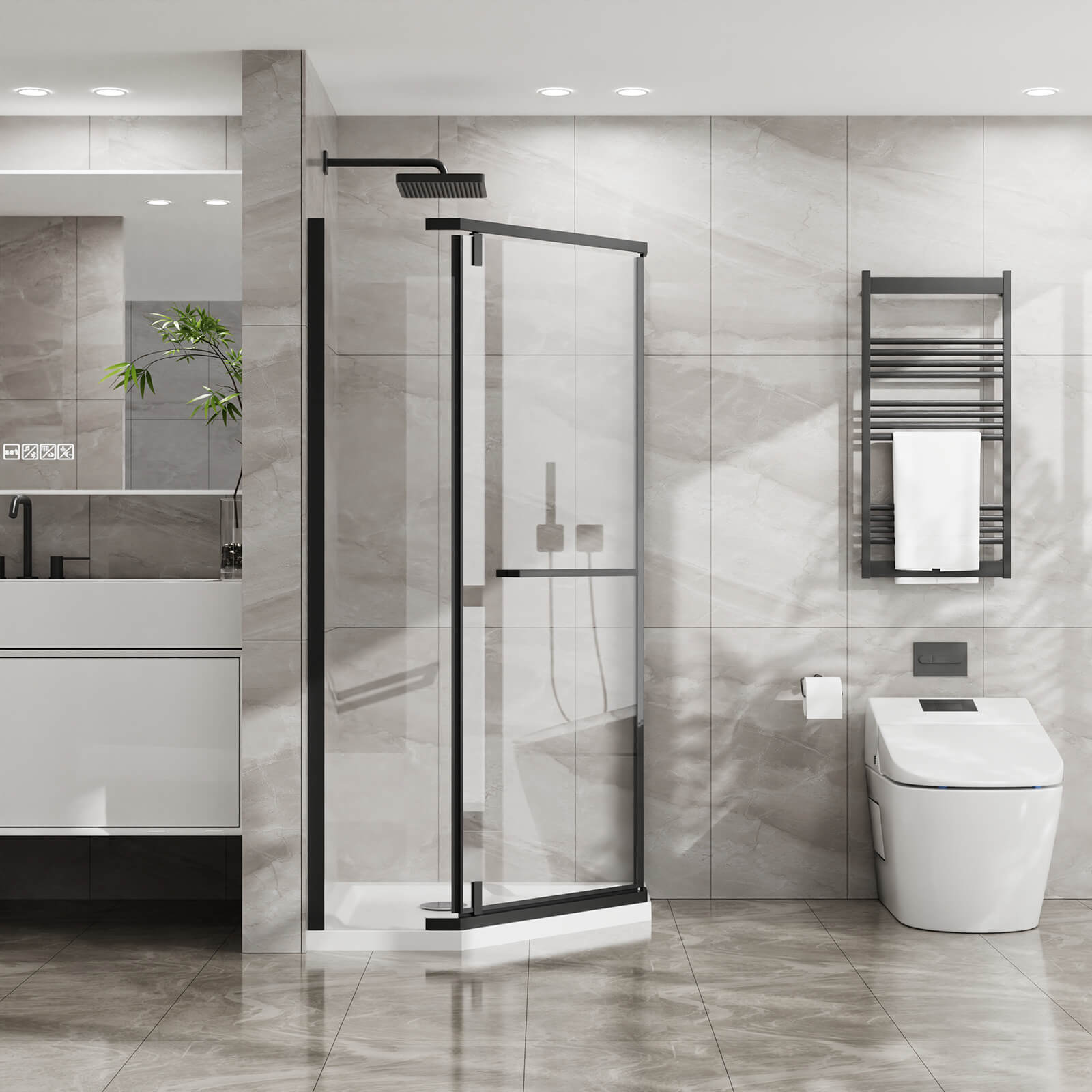 Matte black corner shower enclosure with tempered glass