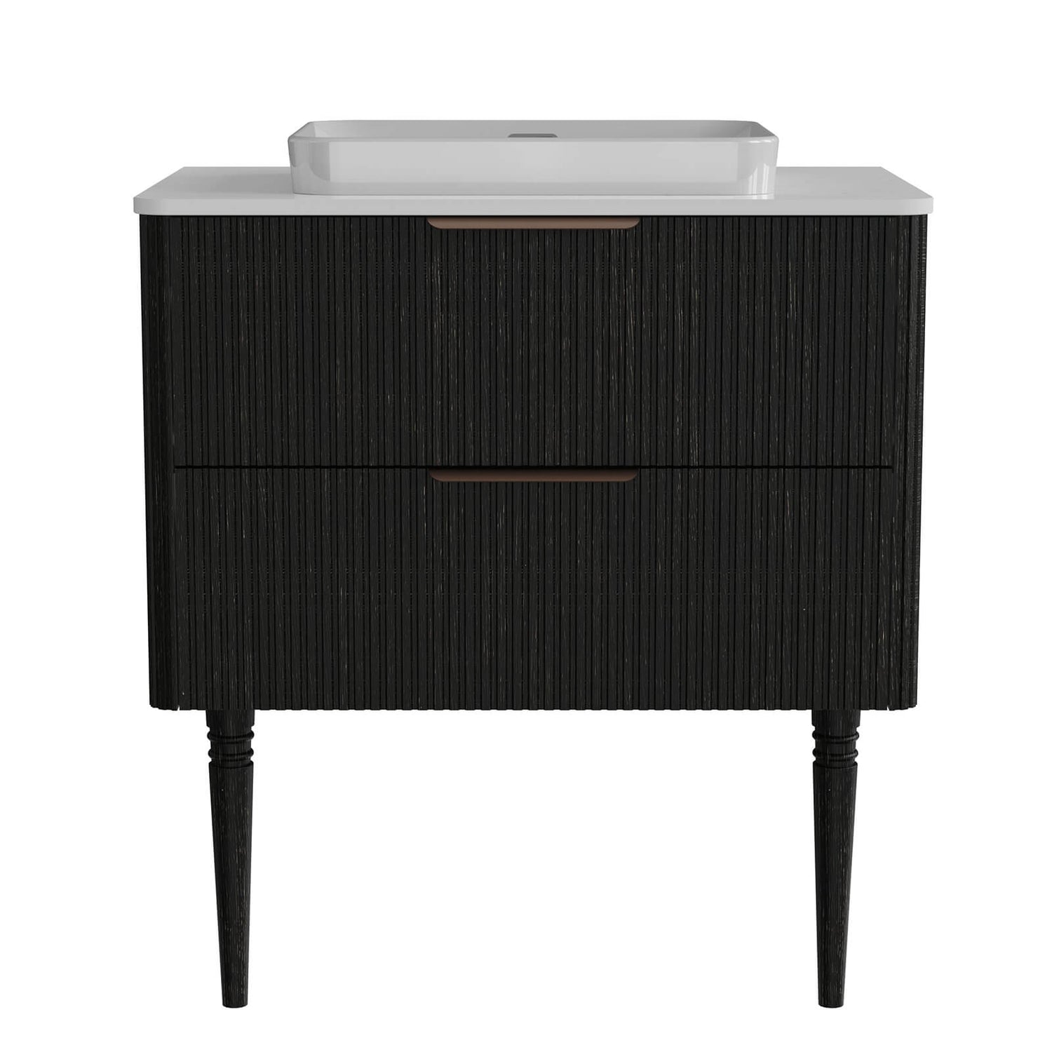 Matte black vanity with gold handles and tapered legs