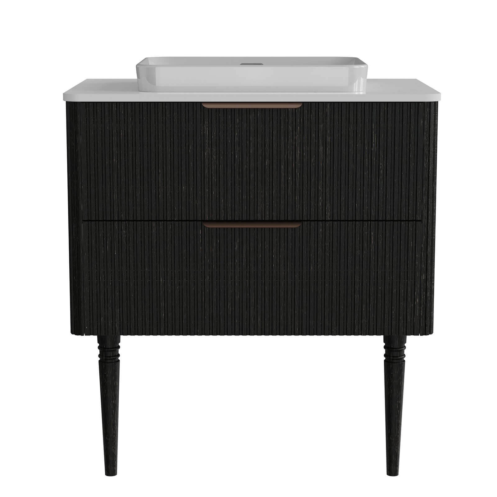 Matte black vanity with gold handles and tapered legs