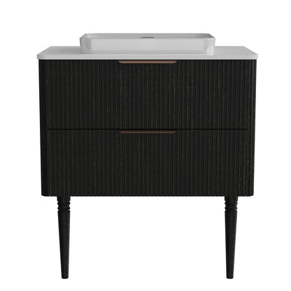 Matte black vanity with gold handles and tapered legs