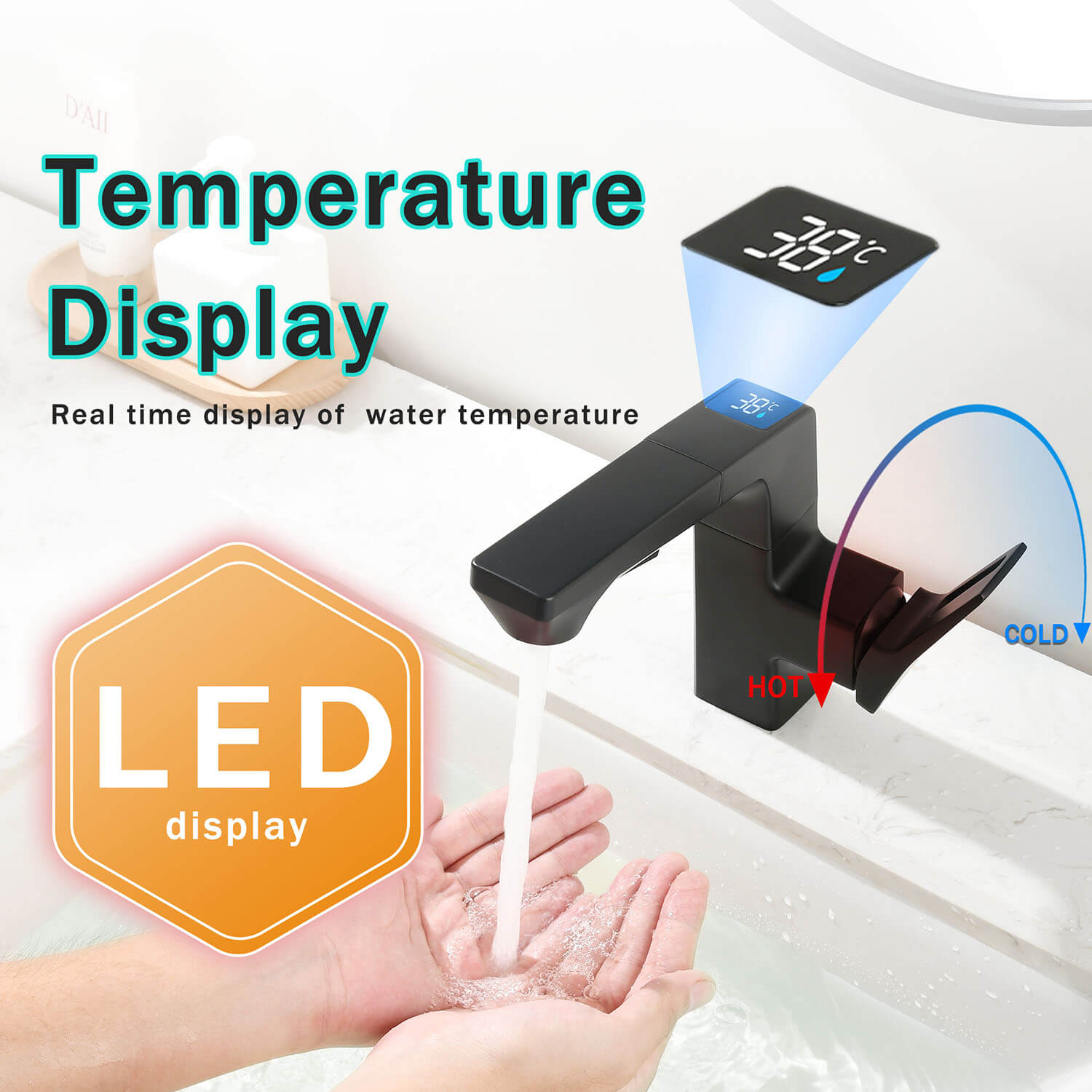Matte Black Bathroom Faucet with LED Temperature Display