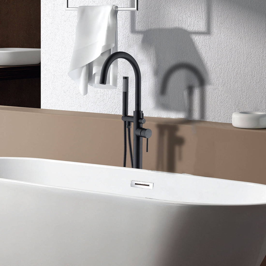 Matte Black Independent Freestanding Tub Faucet with Handheld Shower