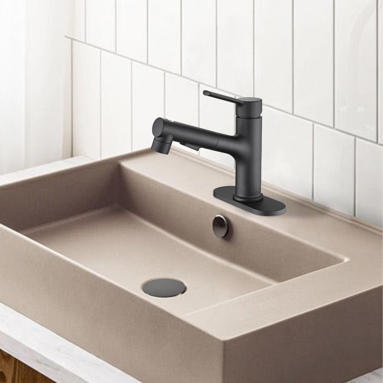 Matte Black Pull-Down Bathroom Faucet with Pop-Up Drain and Deck Plate