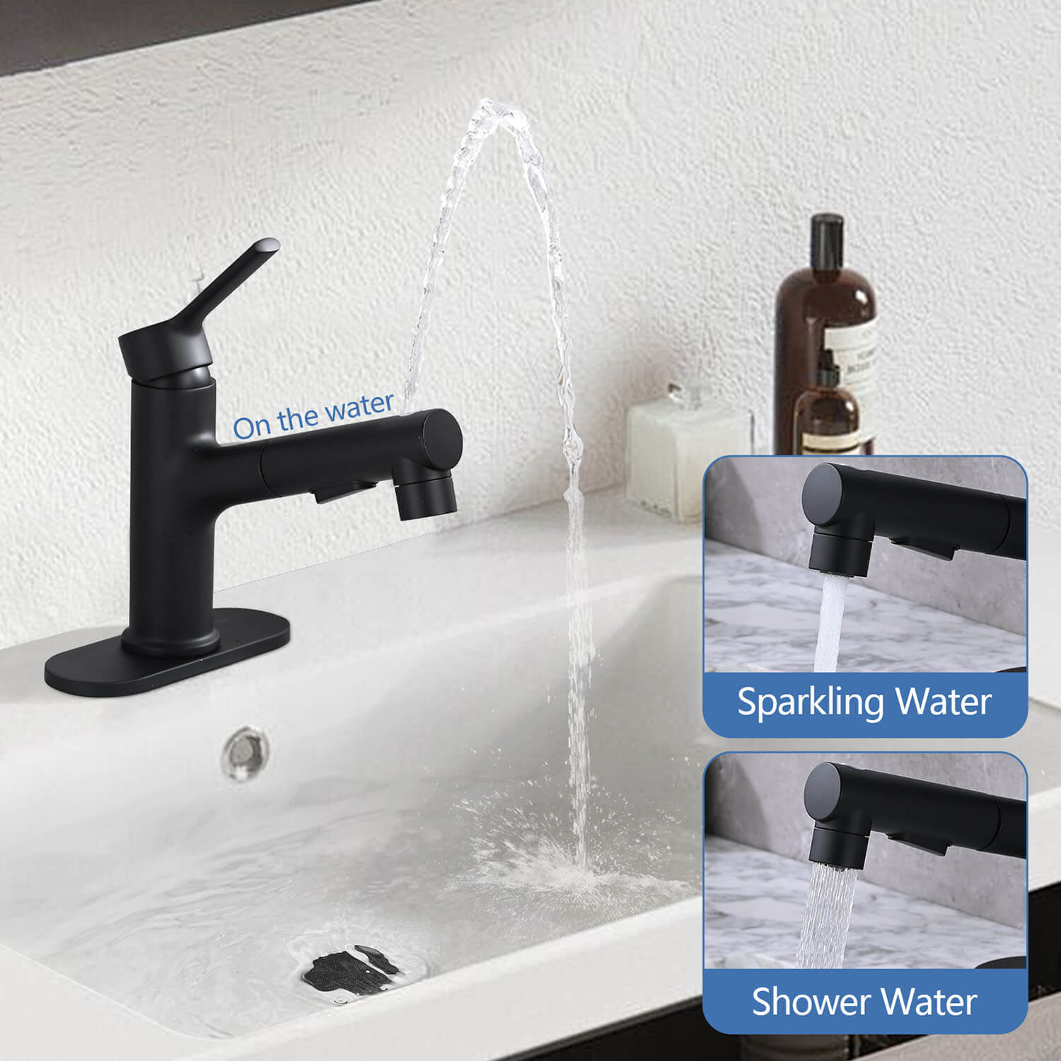 Matte Black Pull-Down Bathroom Faucet with three spray mode