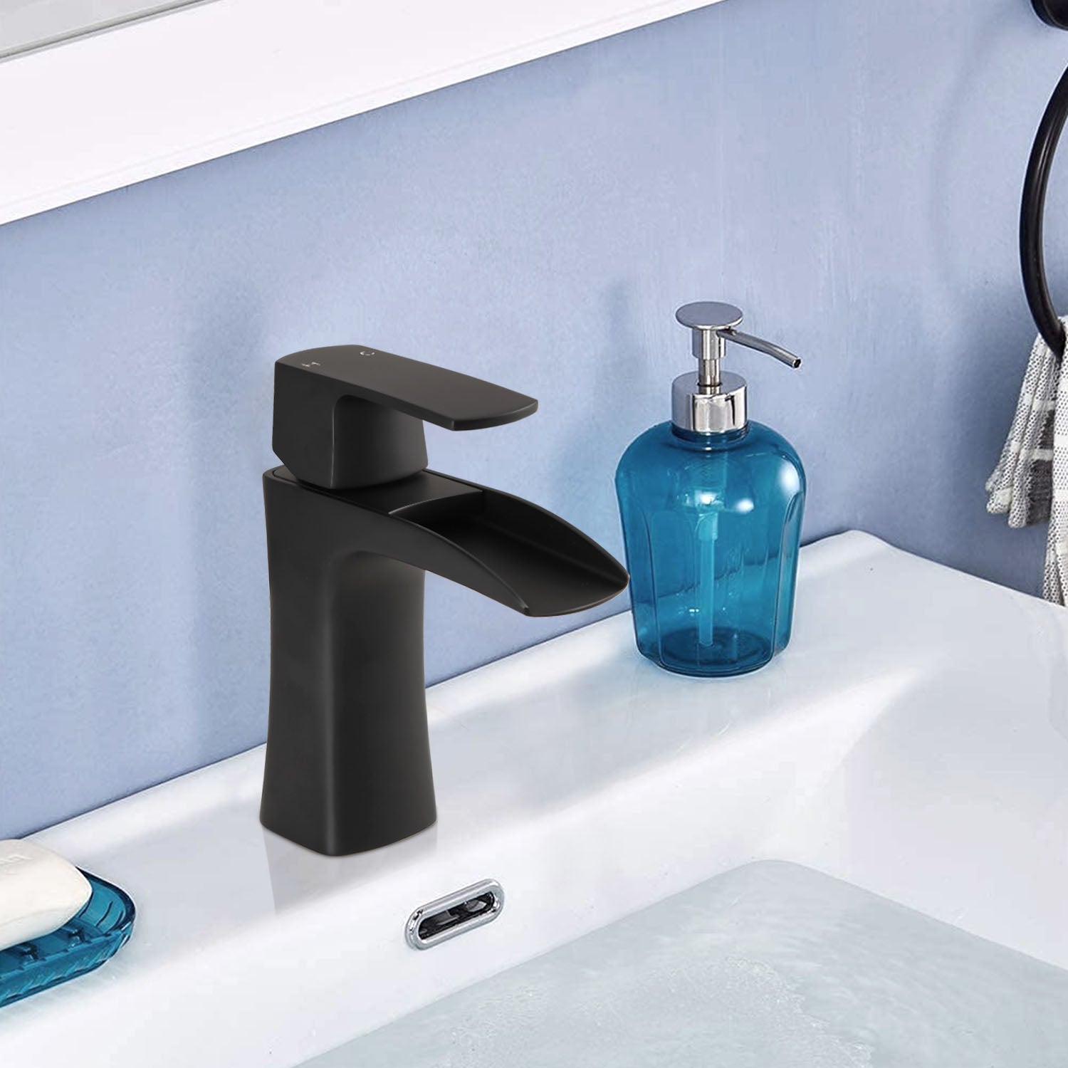 Matte Black Single Handle Single Hole Waterfall Bathroom Faucet Brass