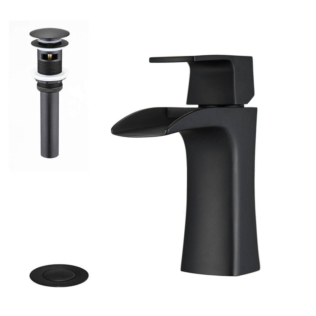 Matte Black Single Handle Waterfall Bathroom Faucet with Pop-up Drain