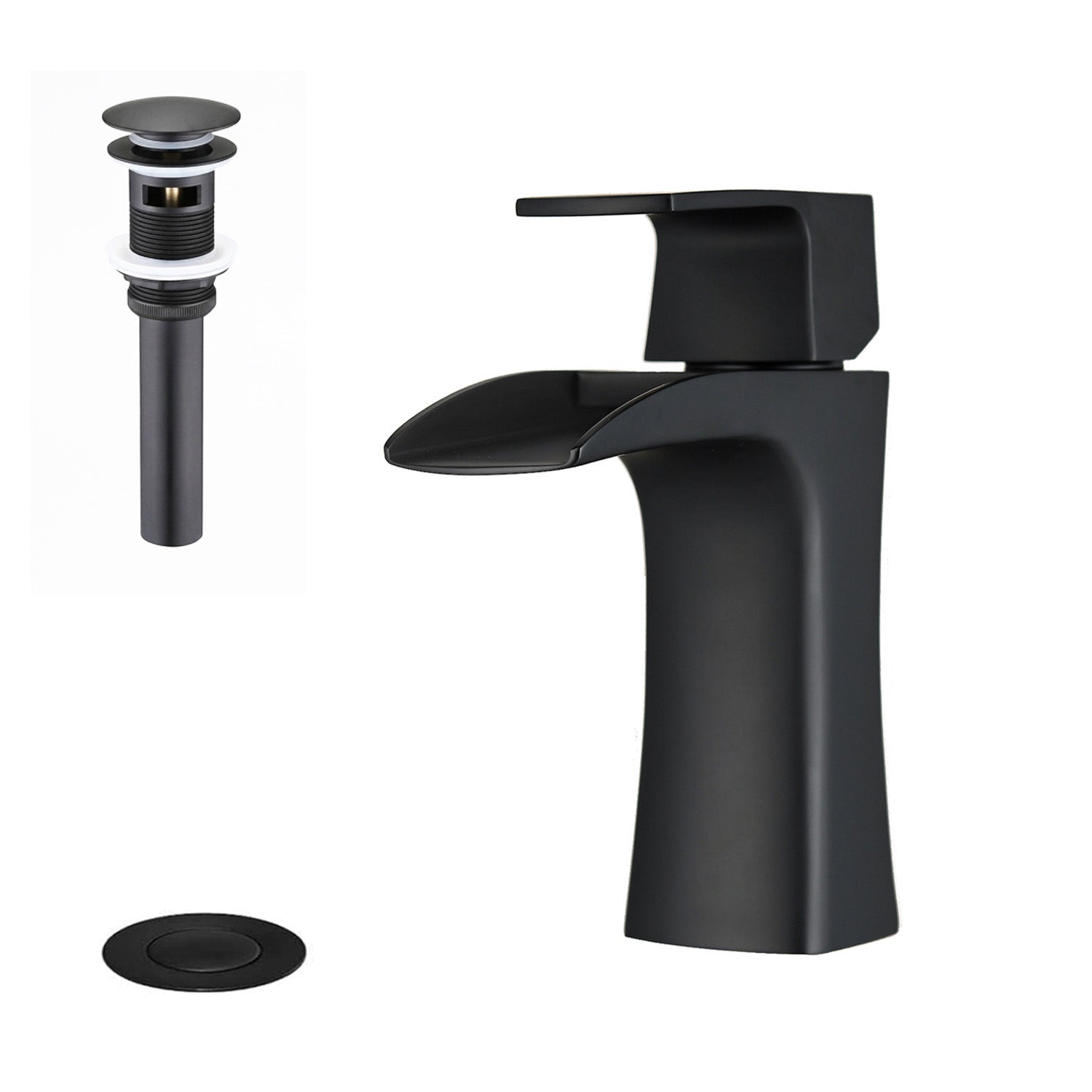 Matte Black Single Handle Waterfall Bathroom Faucet with Pop-up Drain