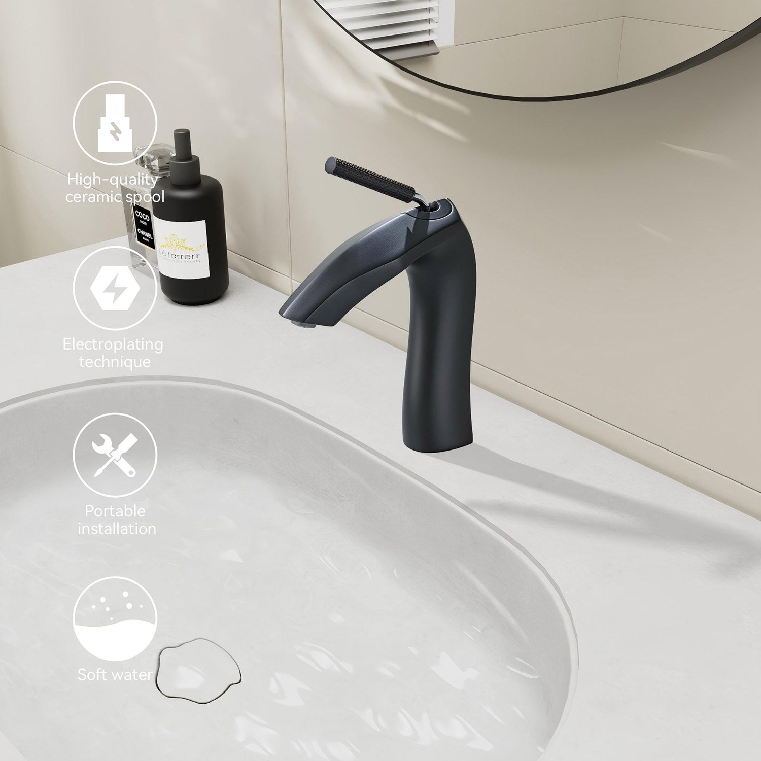 Matte Black Single Hole Bathroom Faucet Brass with Slim Single Handle and Aerator-product feature