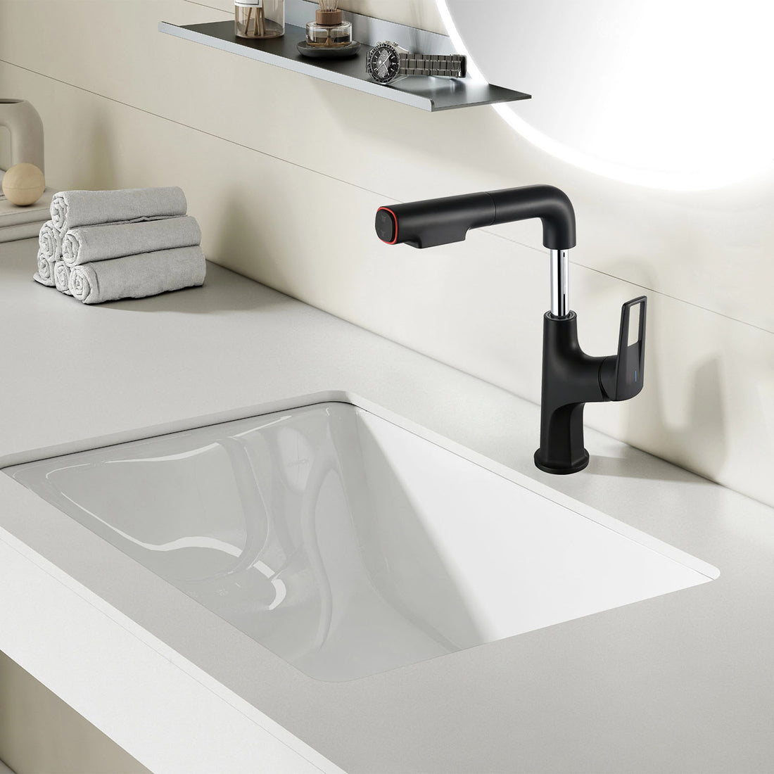 Matte Black Single Hole Pull-Down Bathroom Faucet with Lift Spout and Dual Spray Modes