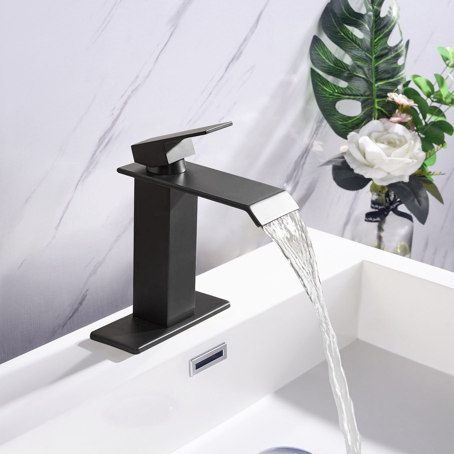 Matte Black Stainless Steel Single Handle Waterfall Bathroom Faucet