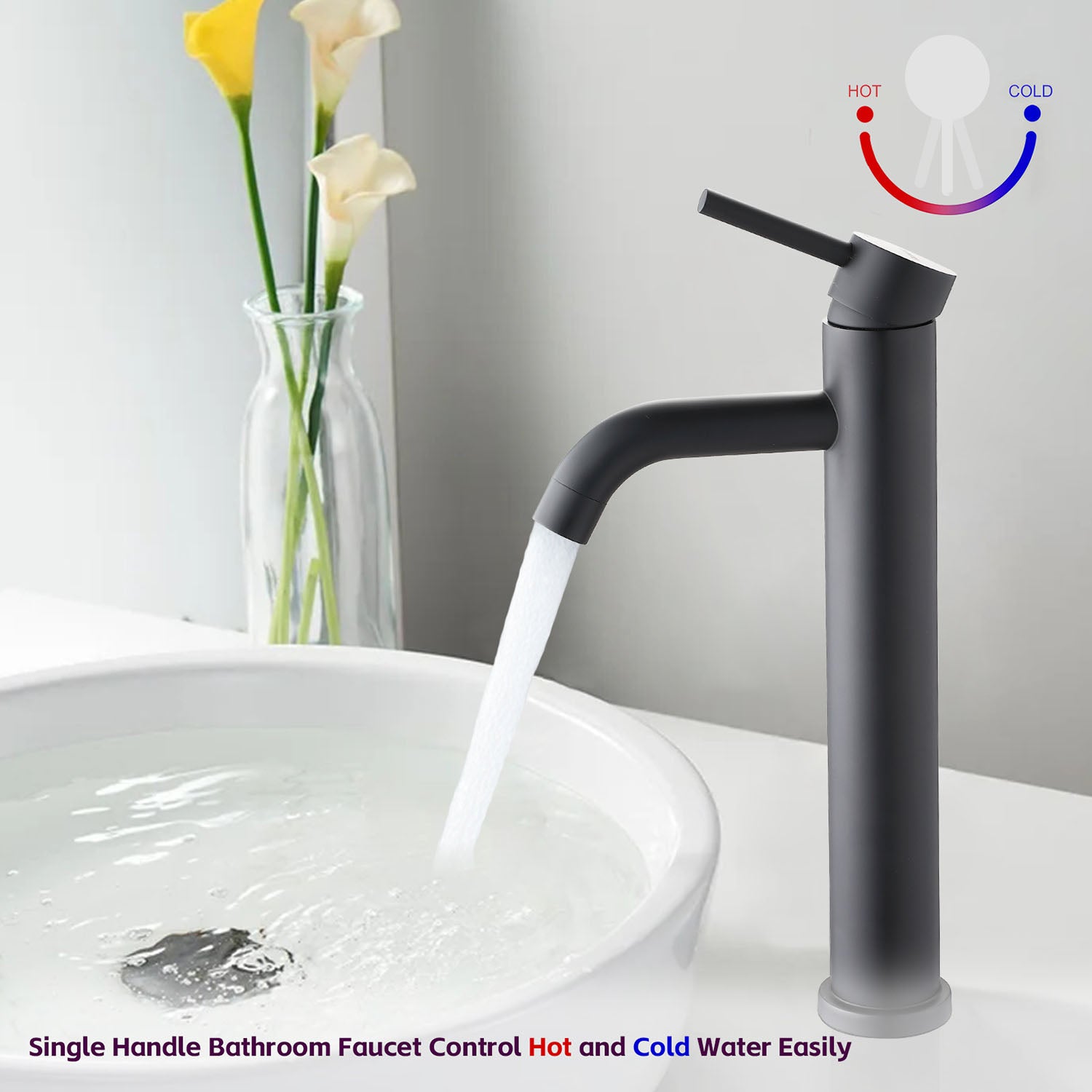 Matte Black Tall Single Hole Bathroom Faucet for Vessel Sink