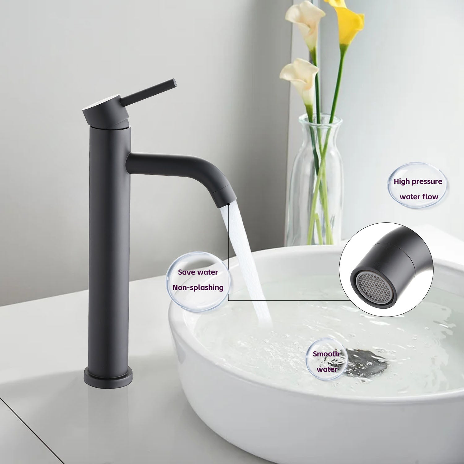 Matte Black Tall Single Hole Bathroom Faucet with built-in aerator