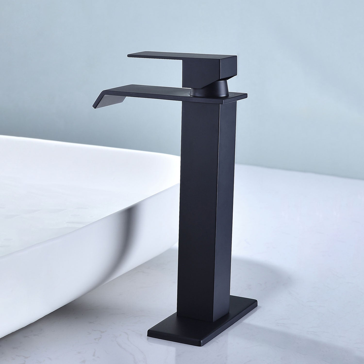 Matte Black Waterfall Spout Single Handle Bathroom Faucet with Deck Plate