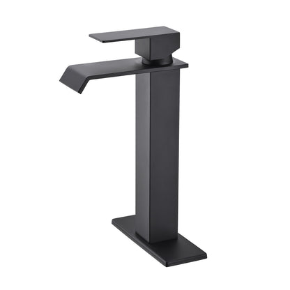 Matte Black single hole waterfall Bathroom Faucet with deck plate