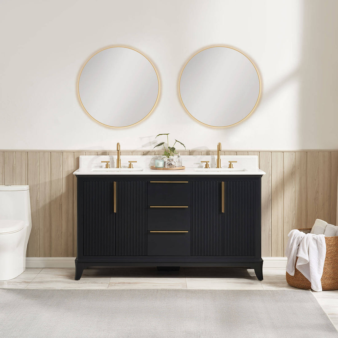 Midnight blue double sink bathroom vanity in a modern bathroom