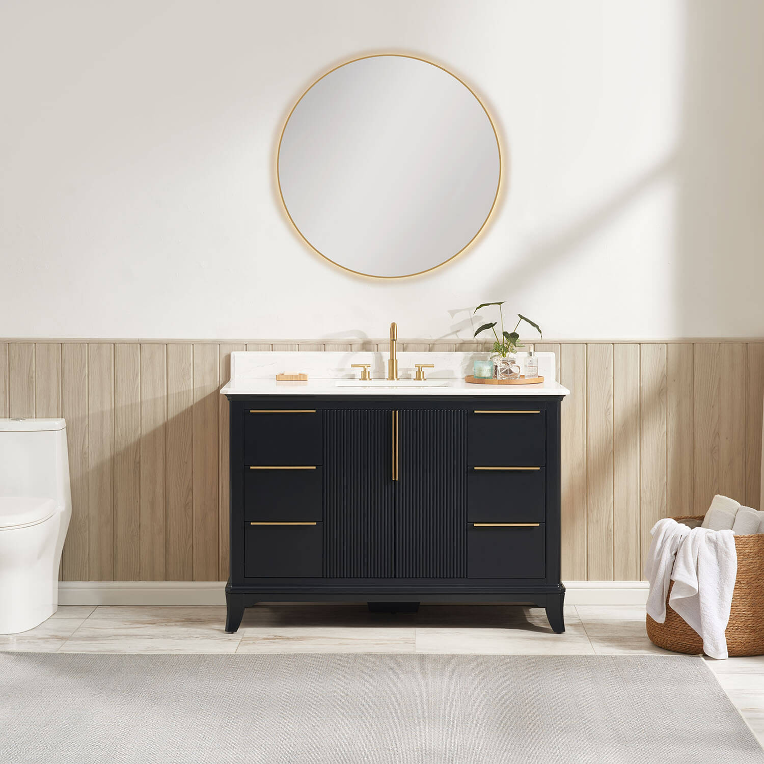 Midnight blue fluted bathroom vanity in a modern bathroom