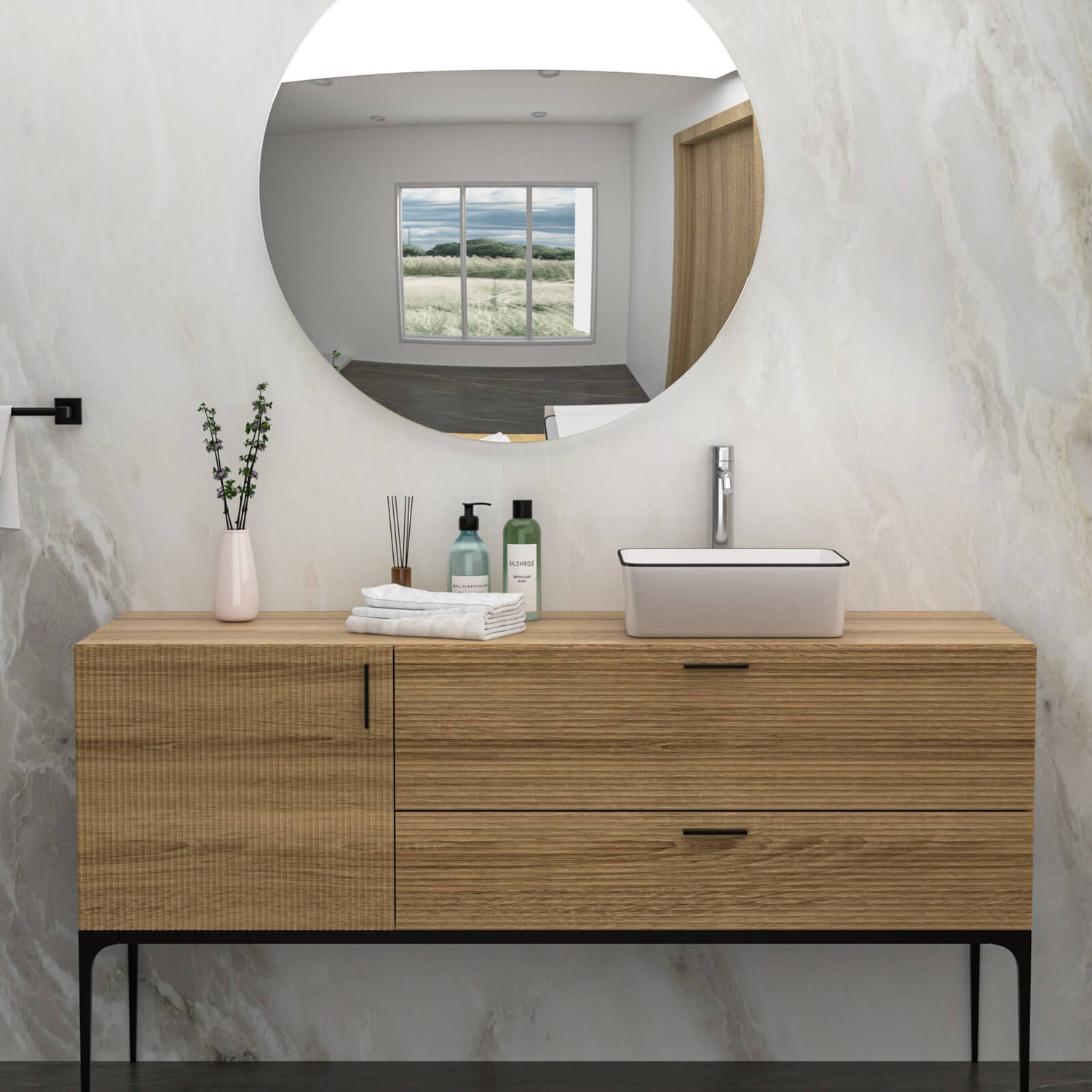 Minimalist bathroom basin with striking black border detail