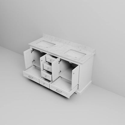 Minimalist design white vanity with soft close drawers and double sinks