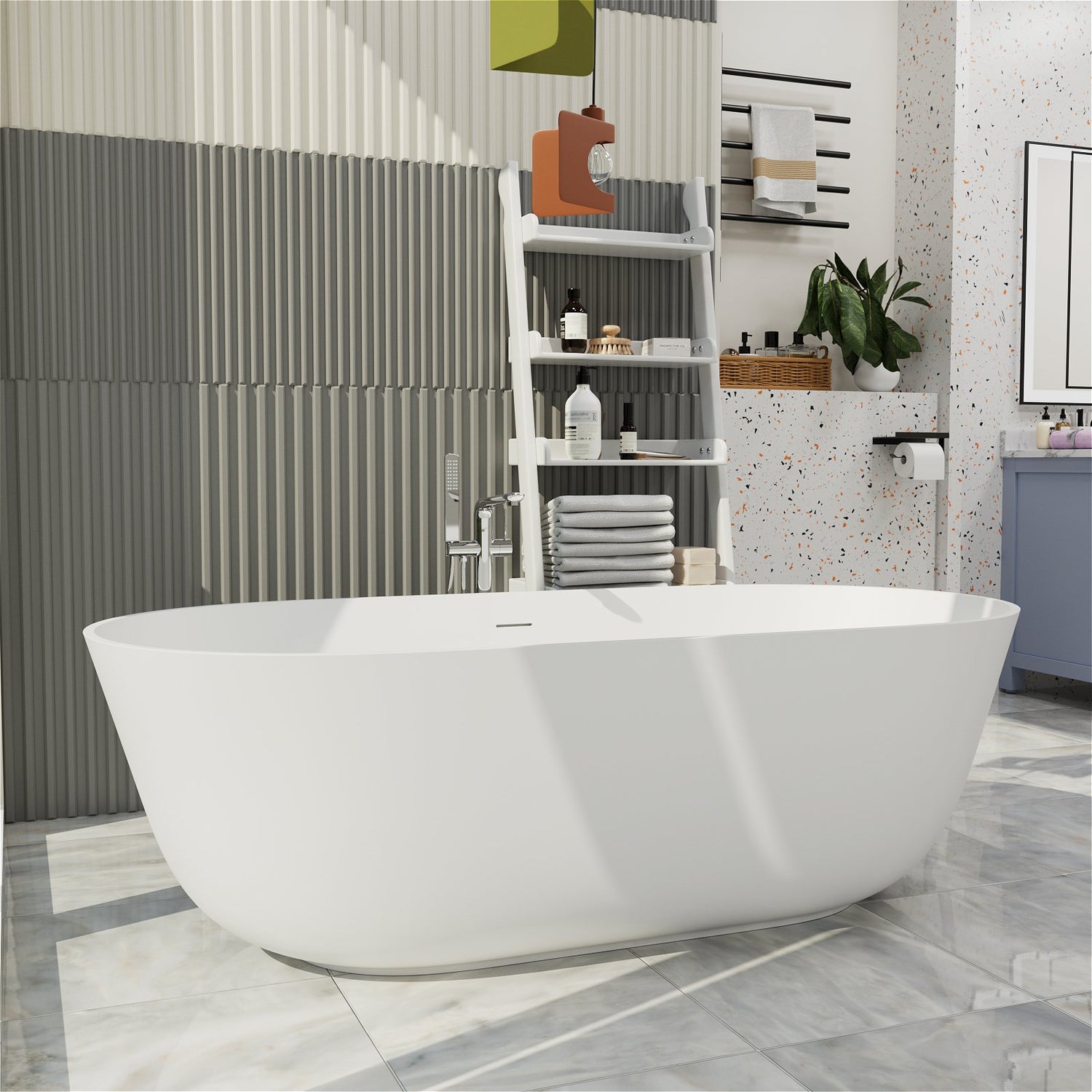 Minimalist matte white freestanding bathtub made from premium stone resin