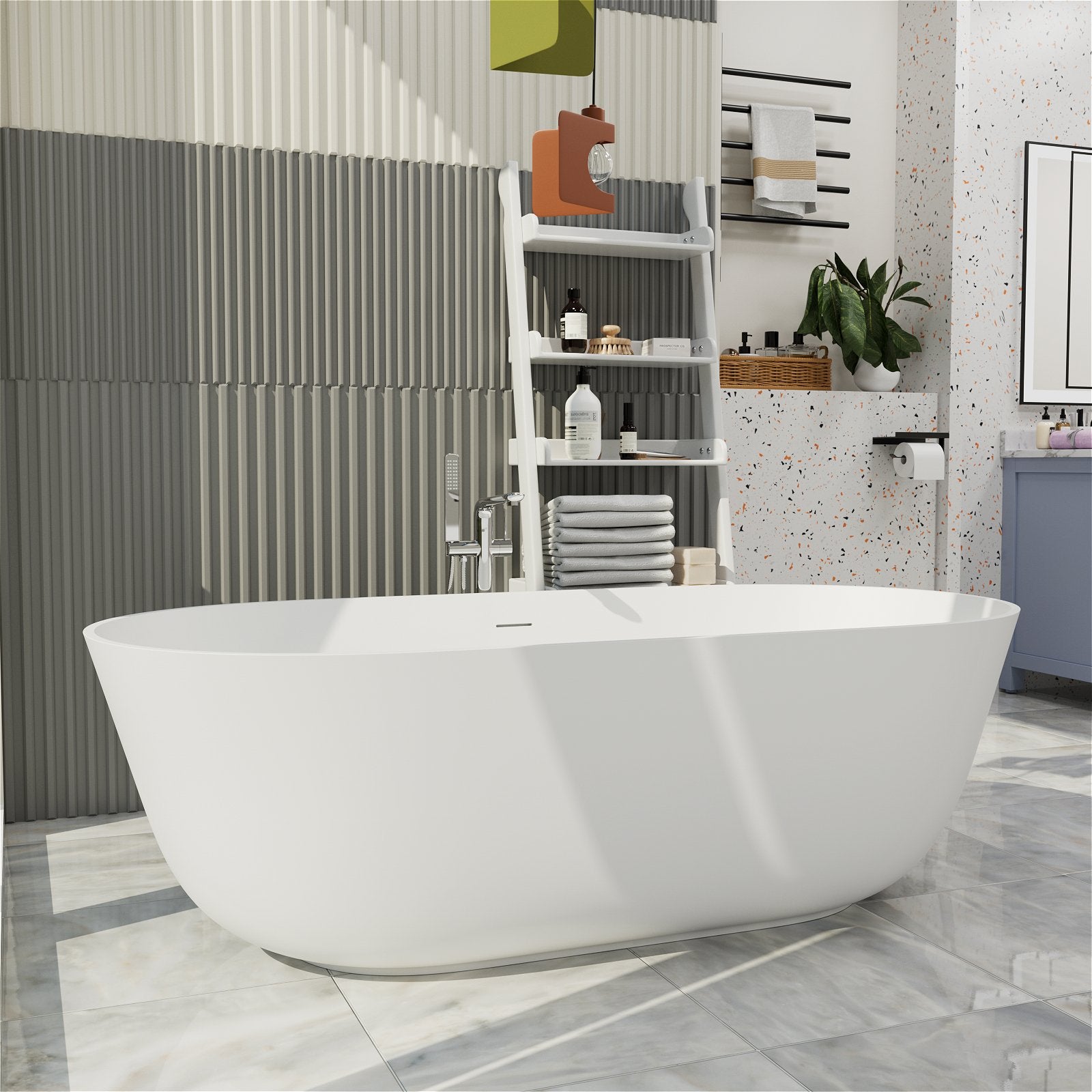 Minimalist matte white freestanding bathtub made from premium stone resin