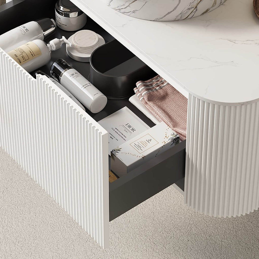Minimalist white bathroom cabinet with full extension drawers