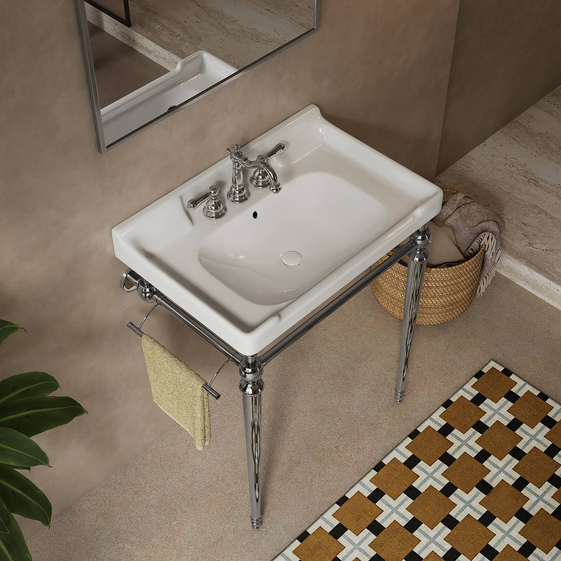 Minimalist white console sink with shiny chrome support