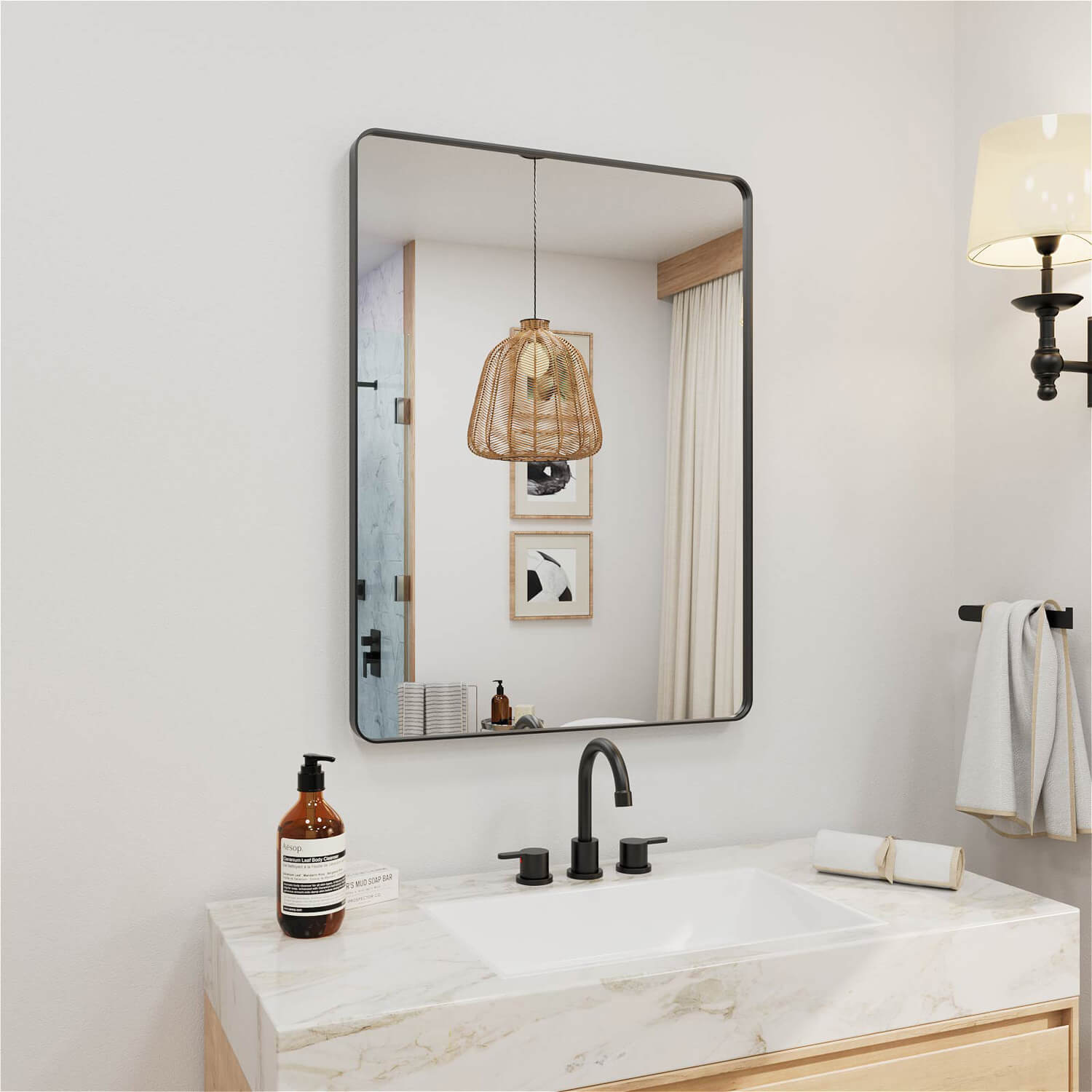 Minimalist black framed rectangular bathroom mirror for vanity use