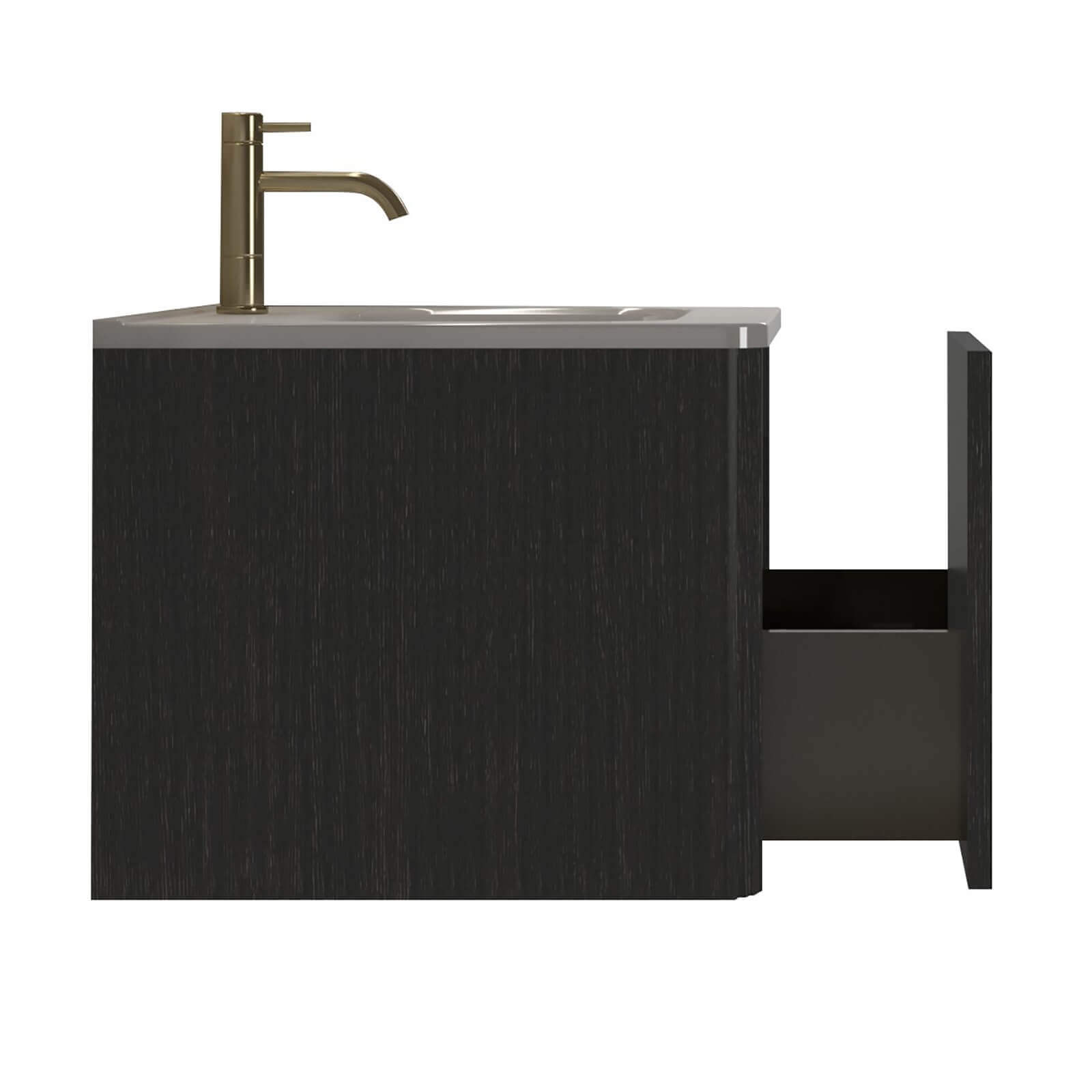 Minimalist black vanity unit with a child-safe rounded edge design and low-maintenance white ceramic sink
