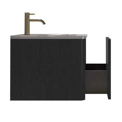 Minimalist black vanity unit with a child-safe rounded edge design and low-maintenance white ceramic sink