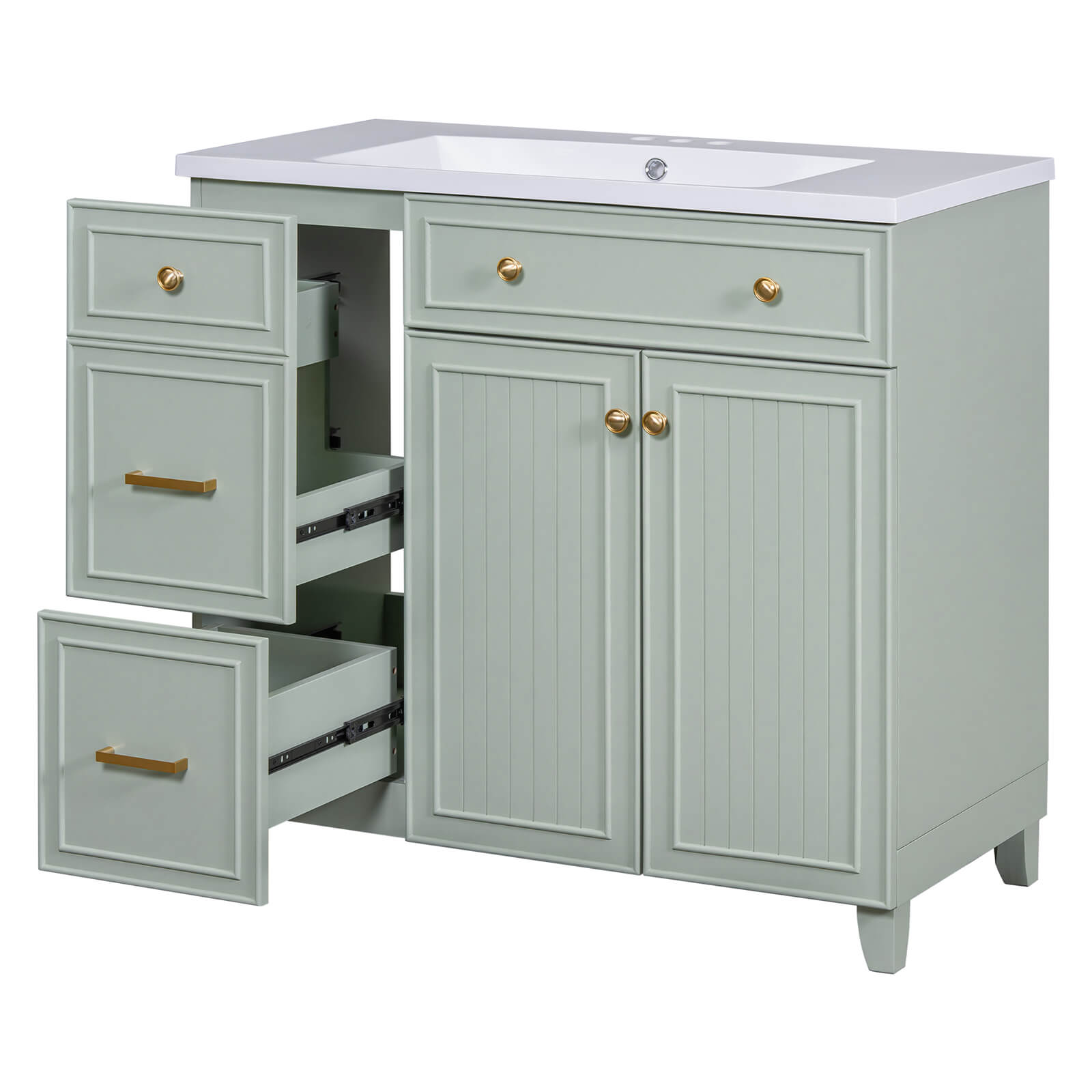 Minimalist light grey-green bathroom vanity with storage