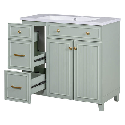 Minimalist light grey-green bathroom vanity with storage