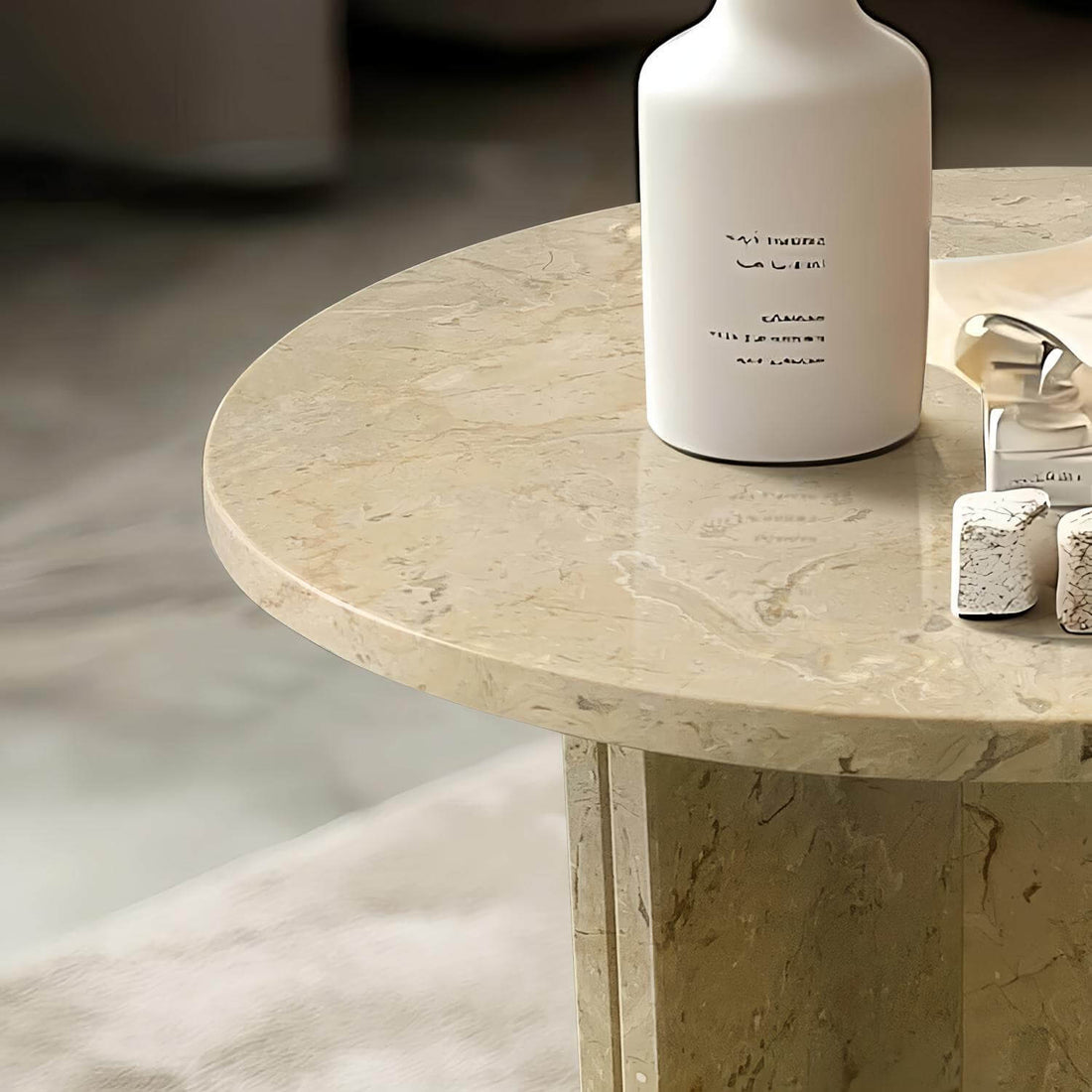 18" Modern Round Beige Natural Marble Side Table for Bathroom and Livingroom