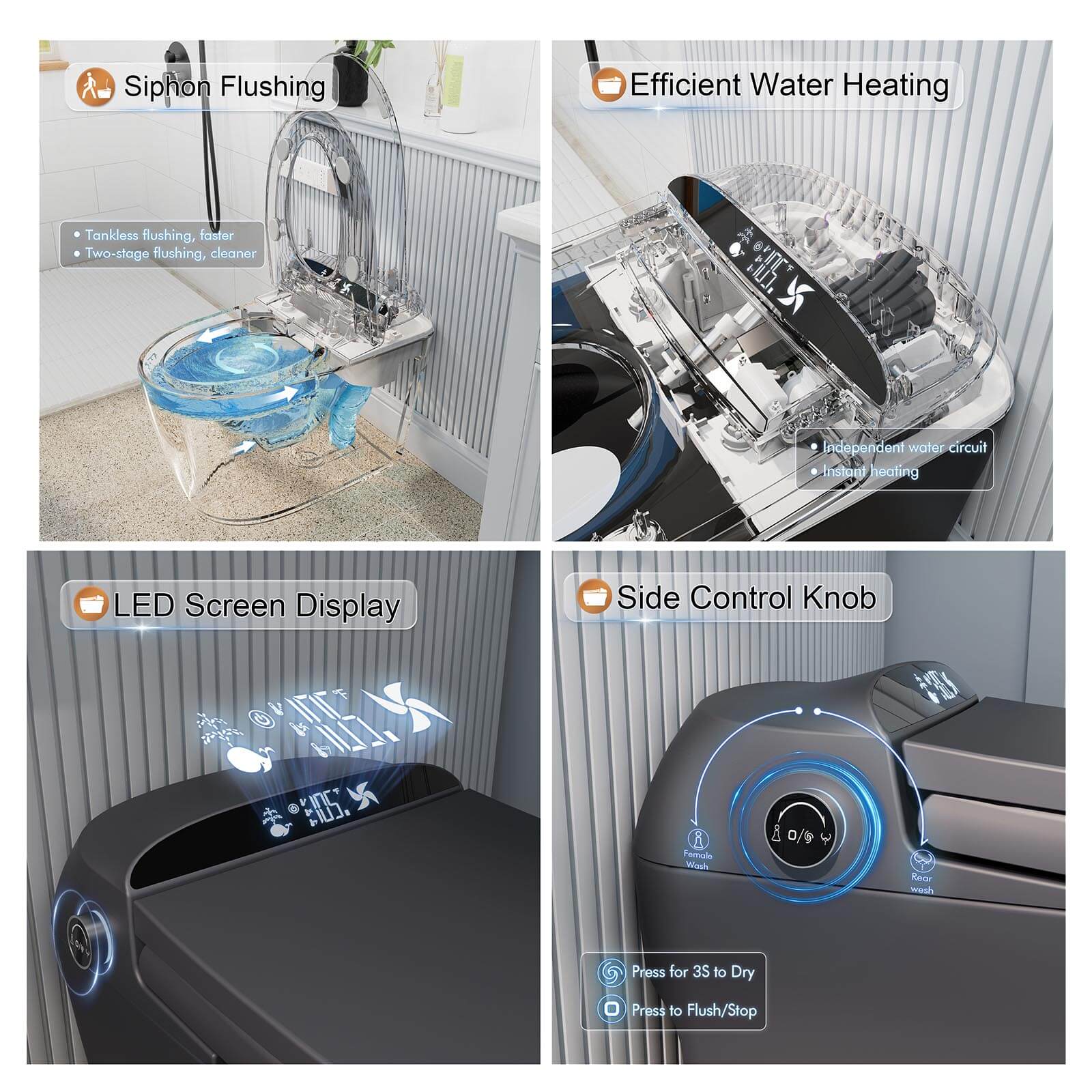 Mobile Drying Matte Gray Smart Bidet Toilet with  LED Screen Display