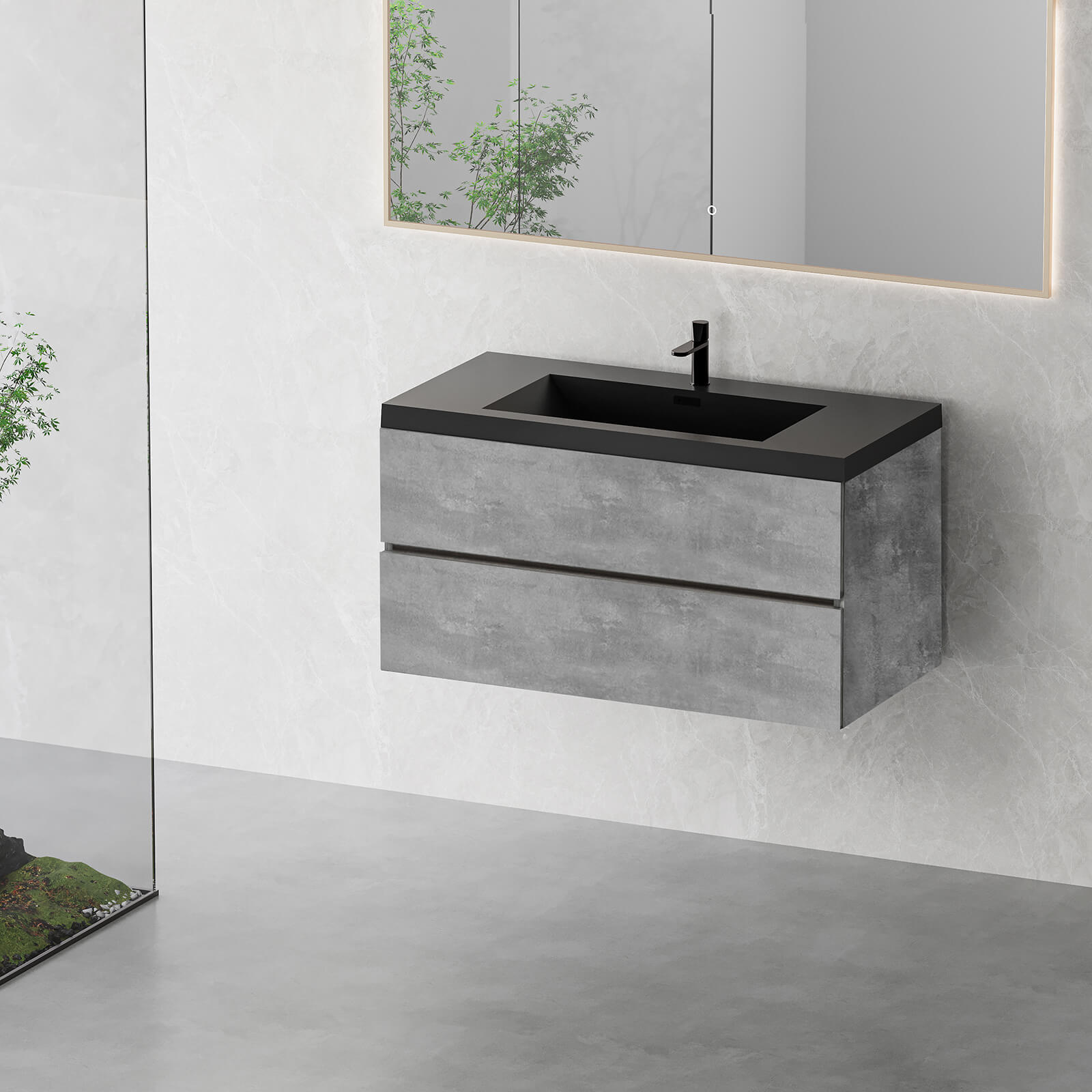 Modern 42 Inch Cement Gray Wall Mounted Vanity for Small Bathrooms