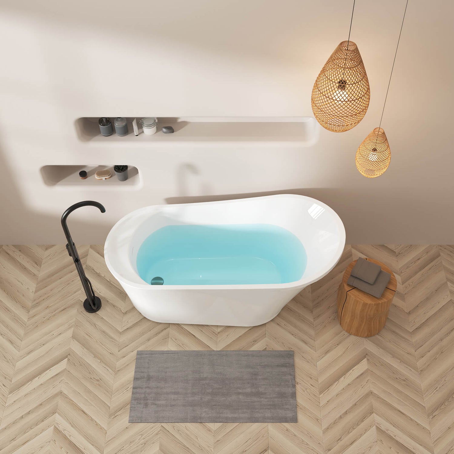 Modern 59 inch freestanding bathtub with headrest and platform for extra comfort